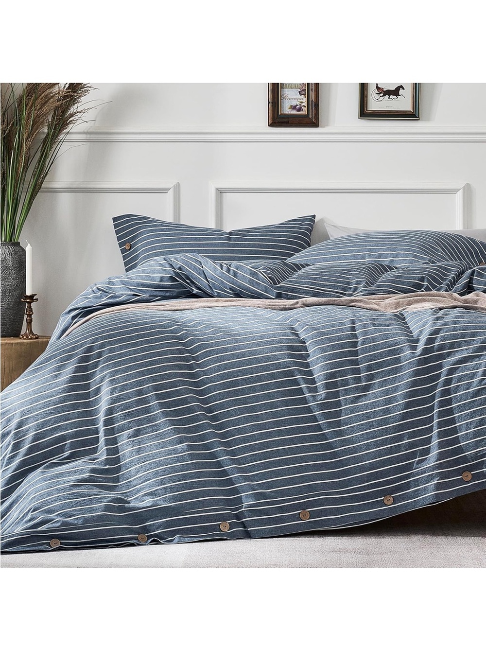 NEW JELLYMONI 100% Washed Cotton Striped Duvet Cover Set Full, Linen-Like